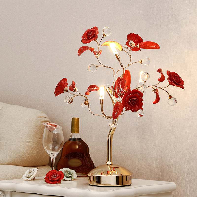 Pastoral Rosebush Table Lighting Ceramic Nightstand Lamp with Crystal Decor for Bedside 3.0 Red Clearhalo 'Lamps' 'Table Lamps' Lighting' 2092359