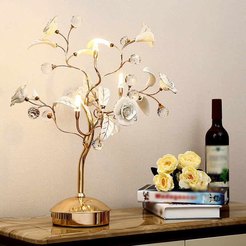 Pastoral Rosebush Table Lighting Ceramic Nightstand Lamp with Crystal Decor for Bedside 3.0 White Clearhalo 'Lamps' 'Table Lamps' Lighting' 2092360