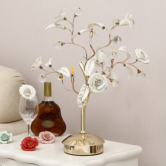 Pastoral Rosebush Table Lighting Ceramic Nightstand Lamp with Crystal Decor for Bedside Clearhalo 'Lamps' 'Table Lamps' Lighting' 2092361