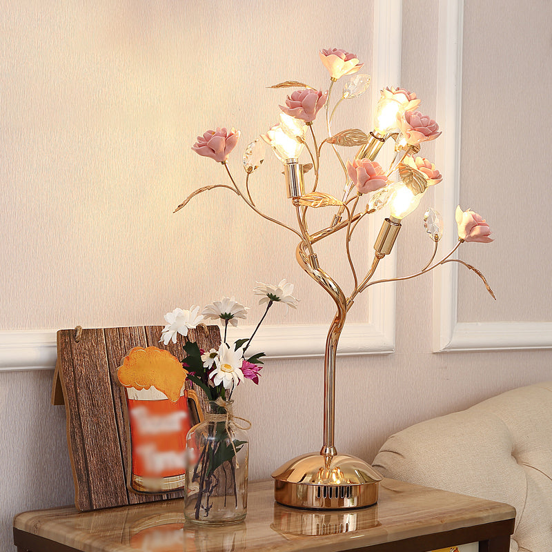 Floral Ceramic Table Light Pastoral Style Living Room Nightstand Lamp with Decorative Crystal Pink B Clearhalo 'Lamps' 'Table Lamps' Lighting' 2092373
