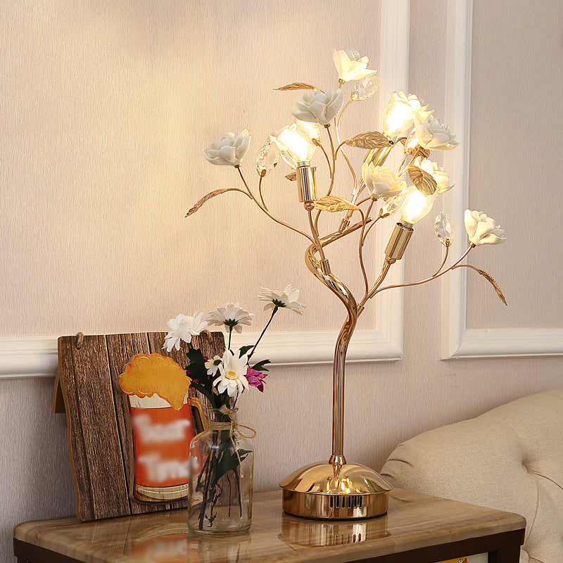 Floral Ceramic Table Light Pastoral Style Living Room Nightstand Lamp with Decorative Crystal White B Clearhalo 'Lamps' 'Table Lamps' Lighting' 2092374