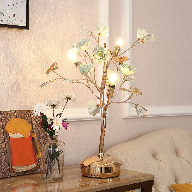 Floral Ceramic Table Light Pastoral Style Living Room Nightstand Lamp with Decorative Crystal Green C Clearhalo 'Lamps' 'Table Lamps' Lighting' 2092376