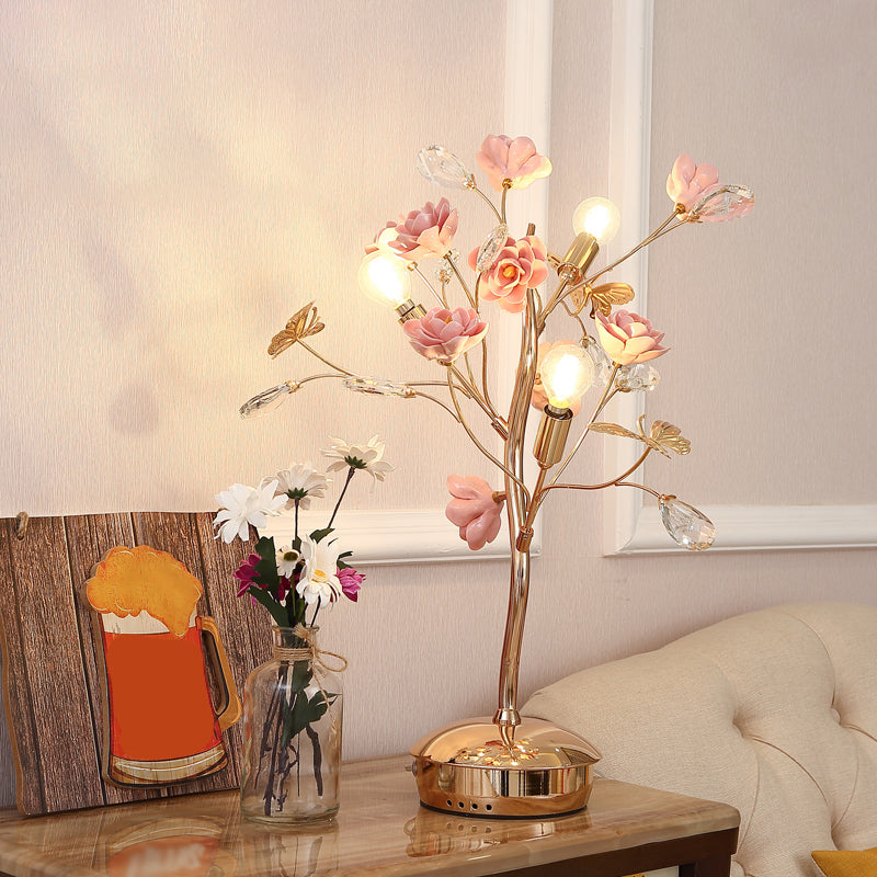 Floral Ceramic Table Light Pastoral Style Living Room Nightstand Lamp with Decorative Crystal Pink C Clearhalo 'Lamps' 'Table Lamps' Lighting' 2092377