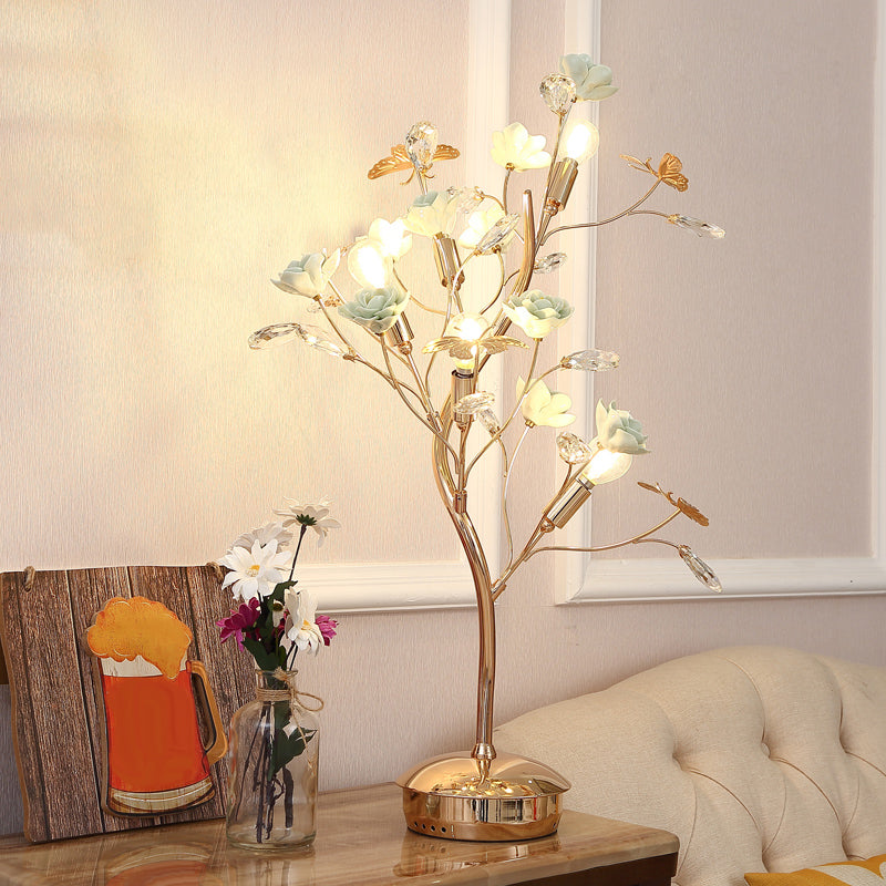 Floral Ceramic Table Light Pastoral Style Living Room Nightstand Lamp with Decorative Crystal Green D Clearhalo 'Lamps' 'Table Lamps' Lighting' 2092379