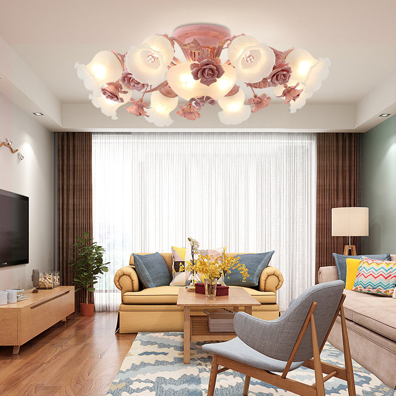 Korean Garden Flower Semi Flush Mount Frost Glass Ceiling Mounted Light for Bedroom 11 Pink Clearhalo 'Ceiling Lights' 'Chandeliers' 'Close To Ceiling Lights' 'Close to ceiling' 'Glass shade' 'Glass' 'Semi-flushmount' Lighting' 2092394