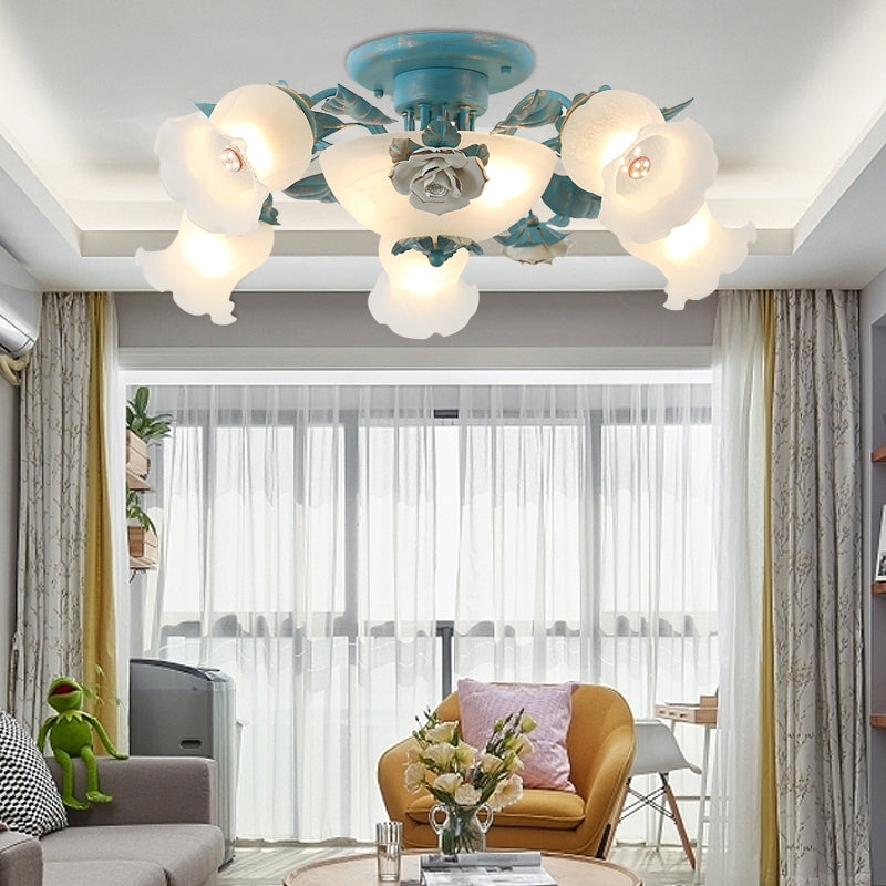 Korean Garden Flower Semi Flush Mount Frost Glass Ceiling Mounted Light for Bedroom 7 Blue Clearhalo 'Ceiling Lights' 'Chandeliers' 'Close To Ceiling Lights' 'Close to ceiling' 'Glass shade' 'Glass' 'Semi-flushmount' Lighting' 2092396