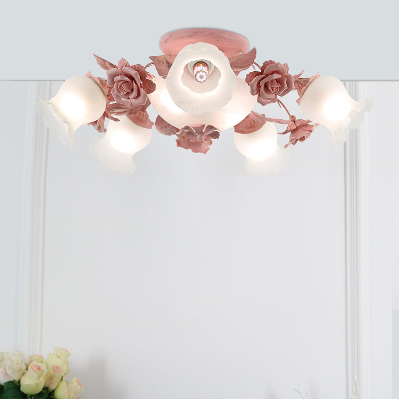 Korean Garden Flower Semi Flush Mount Frost Glass Ceiling Mounted Light for Bedroom 7 Pink Clearhalo 'Ceiling Lights' 'Chandeliers' 'Close To Ceiling Lights' 'Close to ceiling' 'Glass shade' 'Glass' 'Semi-flushmount' Lighting' 2092398