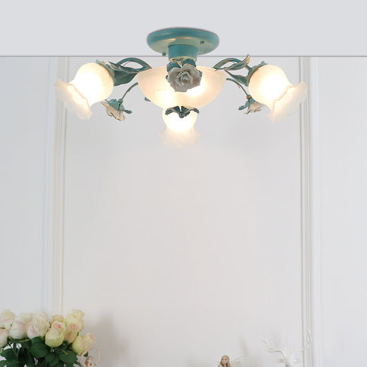 Korean Garden Flower Semi Flush Mount Frost Glass Ceiling Mounted Light for Bedroom 5 Blue Clearhalo 'Ceiling Lights' 'Chandeliers' 'Close To Ceiling Lights' 'Close to ceiling' 'Glass shade' 'Glass' 'Semi-flushmount' Lighting' 2092399