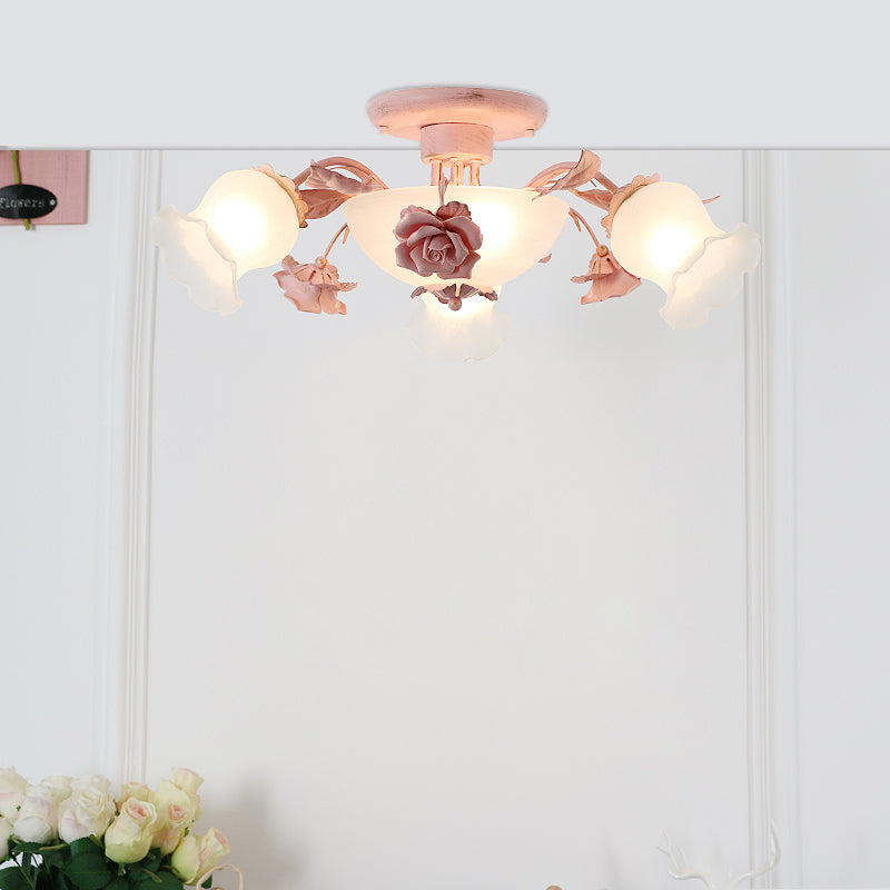 Korean Garden Flower Semi Flush Mount Frost Glass Ceiling Mounted Light for Bedroom 5 Pink Clearhalo 'Ceiling Lights' 'Chandeliers' 'Close To Ceiling Lights' 'Close to ceiling' 'Glass shade' 'Glass' 'Semi-flushmount' Lighting' 2092401