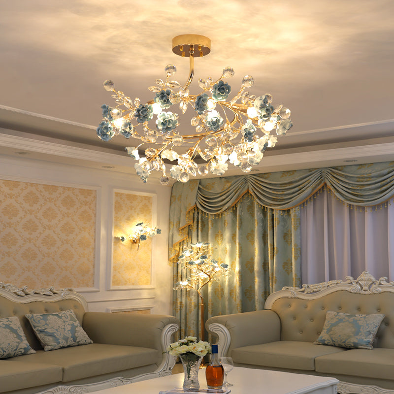Ceramic Rose Semi Flush Light Korean Garden Living Room Ceiling Flush Mount with Crystal Accents Blue Clearhalo 'Ceiling Lights' 'Close To Ceiling Lights' 'Close to ceiling' 'Semi-flushmount' Lighting' 2092410