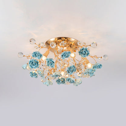 Pastoral Style Rosebush Ceiling Light Ceramic Semi Flush Light Fixture with Crystal Decor 7 Blue Clearhalo 'Ceiling Lights' 'Close To Ceiling Lights' 'Close to ceiling' 'Semi-flushmount' Lighting' 2092425