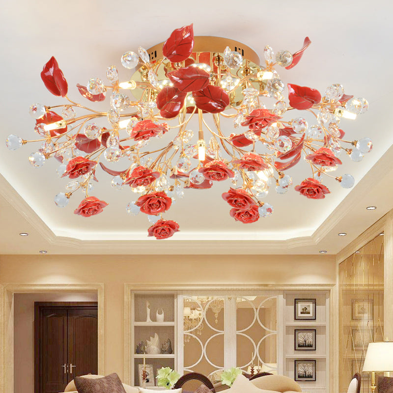 Ceramic Roses Light Rose Ceramic Semi Flush Pastoral Living Room Flush Ceiling Light ...