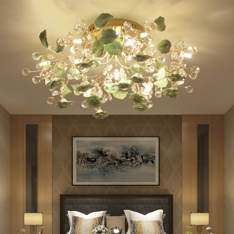 Rose Ceramic Semi Flush Pastoral Living Room Flush Ceiling Light Fixture with Decorative Crystal Green Clearhalo 'Ceiling Lights' 'Close To Ceiling Lights' 'Close to ceiling' 'Semi-flushmount' Lighting' 2092430
