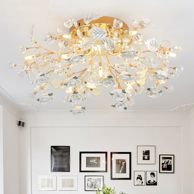 Rose Ceramic Semi Flush Pastoral Living Room Flush Ceiling Light Fixture with Decorative Crystal White Clearhalo 'Ceiling Lights' 'Close To Ceiling Lights' 'Close to ceiling' 'Semi-flushmount' Lighting' 2092431