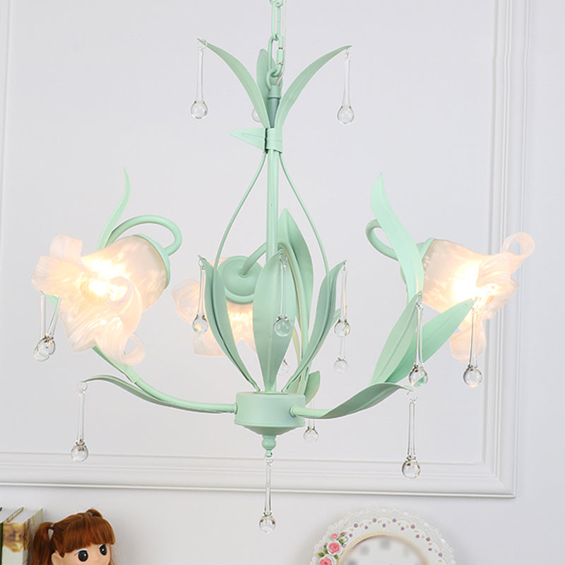 Frost Glass Floral Shaped Ceiling Lighting Korean Garden Living Room Chandelier Light Fixture with Droplet Decor Clearhalo 'Ceiling Lights' 'Chandeliers' Lighting' options 2092441