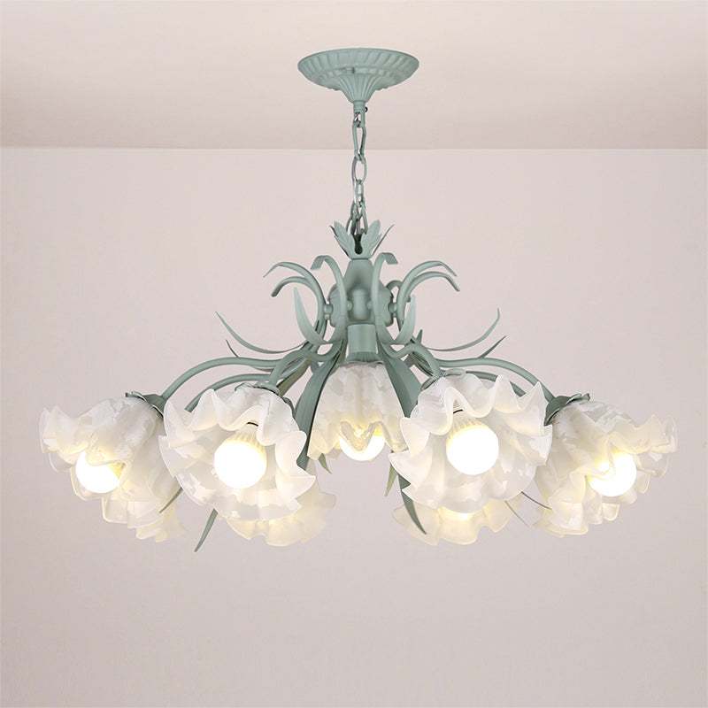 Pastoral Style Floral Chandelier Pendant Light Cream Glass Hanging Light for Dining Room Clearhalo 'Ceiling Lights' 'Chandeliers' 'Glass shade' 'Glass' Lighting' 2092448