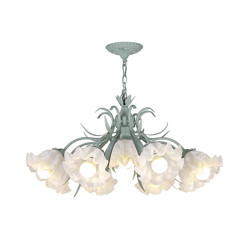 Pastoral Style Floral Chandelier Pendant Light Cream Glass Hanging Light for Dining Room Clearhalo 'Ceiling Lights' 'Chandeliers' 'Glass shade' 'Glass' Lighting' 2092450