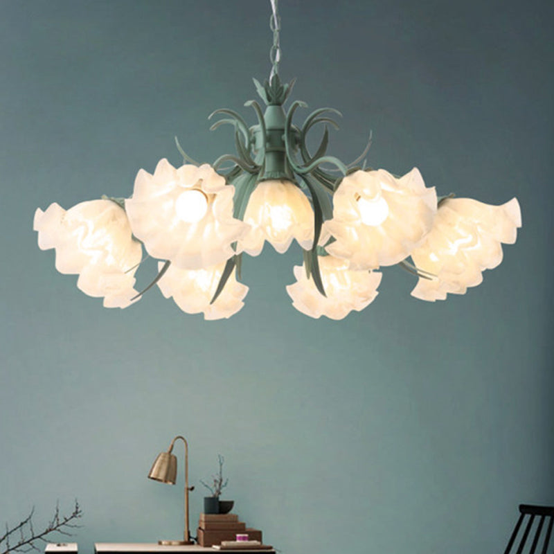 Ruffle Frost Glass Chandelier Light Korean Garden Dining Room Pendant Light Fixture 7 Green Clearhalo 'Ceiling Lights' 'Chandeliers' 'Glass shade' 'Glass' Lighting' 2092470