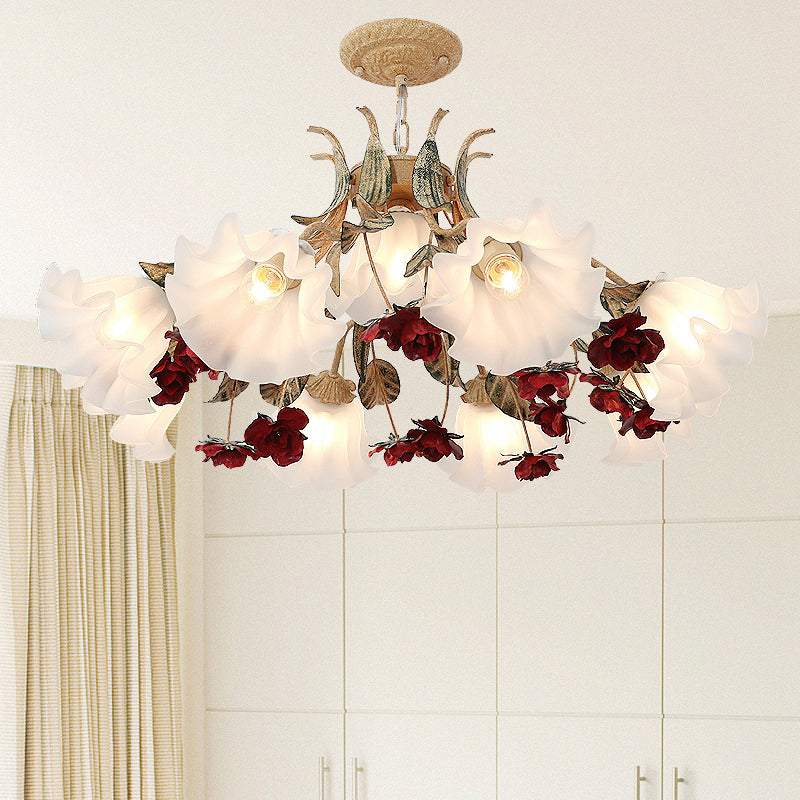 Floral Living Room Ceiling Lighting Pastoral Cream Glass Red Chandelier Light Fixture 9 Red Clearhalo 'Ceiling Lights' 'Chandeliers' 'Glass shade' 'Glass' 'Island Lights' Lighting' 2092487