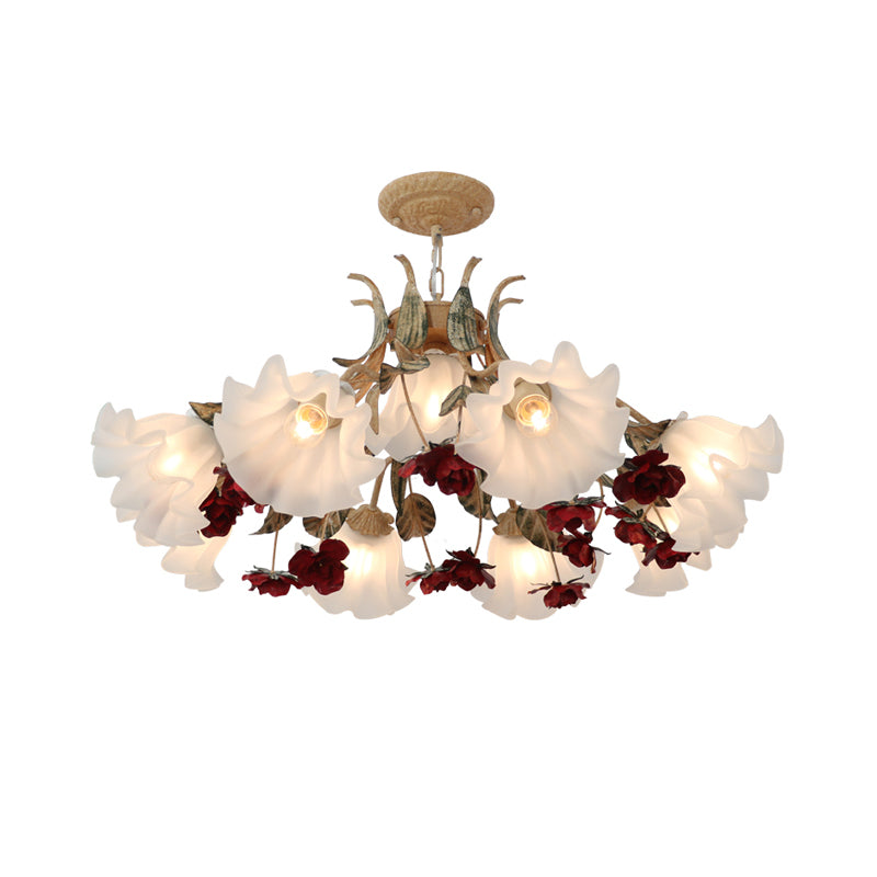 Floral Living Room Ceiling Lighting Pastoral Cream Glass Red Chandelier Light Fixture Clearhalo 'Ceiling Lights' 'Chandeliers' 'Glass shade' 'Glass' 'Island Lights' Lighting' 2092489