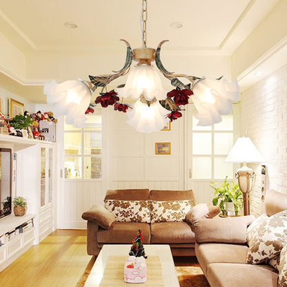 Floral Living Room Ceiling Lighting Pastoral Cream Glass Red Chandelier Light Fixture 4 Red Clearhalo 'Ceiling Lights' 'Chandeliers' 'Glass shade' 'Glass' 'Island Lights' Lighting' 2092491