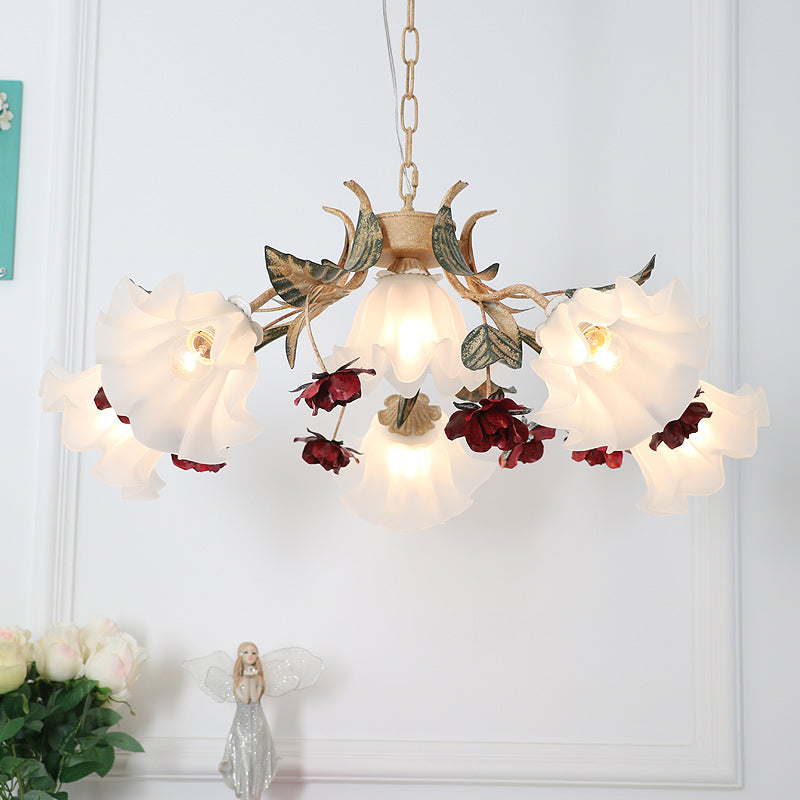 Floral Living Room Ceiling Lighting Pastoral Cream Glass Red Chandelier Light Fixture 6 Red Clearhalo 'Ceiling Lights' 'Chandeliers' 'Glass shade' 'Glass' 'Island Lights' Lighting' 2092492