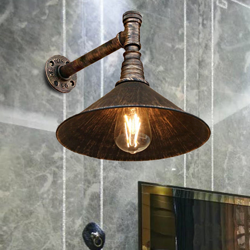 Antique Brass Cone Wall Sconce Farmhouse Style Metallic 1 Head Dining Room Wall Lighting Fixture with Pipe Clearhalo 'Art deco wall lights' 'Cast Iron' 'Glass' 'Industrial wall lights' 'Industrial' 'Middle century wall lights' 'Modern' 'Rustic wall lights' 'Tiffany' 'Traditional wall lights' 'Wall Lamps & Sconces' 'Wall Lights' Lighting' 209270