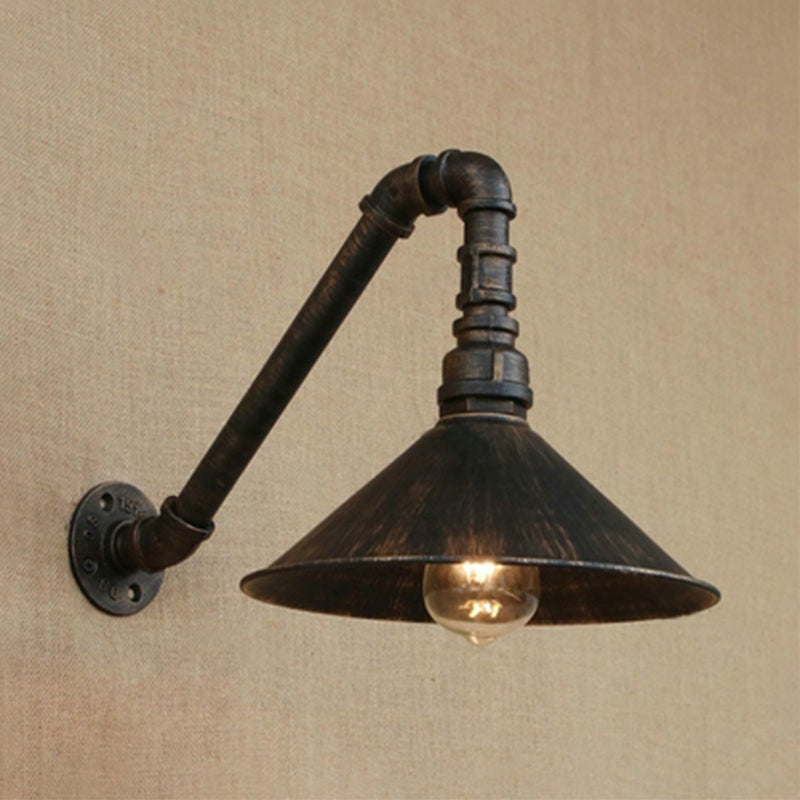 Antique Brass Cone Wall Sconce Farmhouse Style Metallic 1 Head Dining Room Wall Lighting Fixture with Pipe Clearhalo 'Art deco wall lights' 'Cast Iron' 'Glass' 'Industrial wall lights' 'Industrial' 'Middle century wall lights' 'Modern' 'Rustic wall lights' 'Tiffany' 'Traditional wall lights' 'Wall Lamps & Sconces' 'Wall Lights' Lighting' 209277