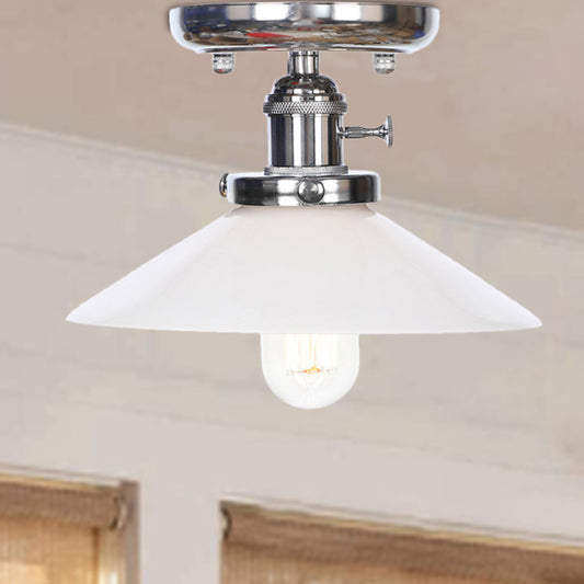 1 Light Ceiling Light Fixture with Cone/Saucer Shade Opal/Clear Glass Industrial Living Room Semi Flush White Cone Clearhalo 'Ceiling Lights' 'Close To Ceiling Lights' 'Close to ceiling' 'Glass shade' 'Glass' 'Semi-flushmount' Lighting' 209286