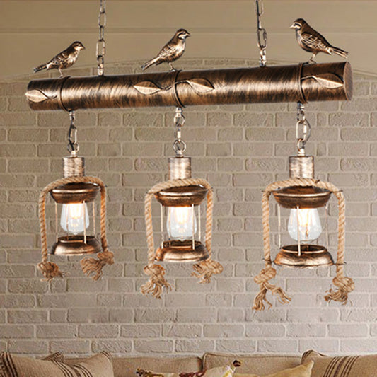 Metal Caged Island Pendant Light Coastal Style 3 Light Kitchen Hanging Lamp in Bronze/Weathered Copper with Bird Bronze Clearhalo 'Ceiling Lights' 'Island Lights' Lighting' 209298