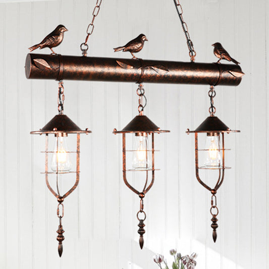 Metal Caged Island Pendant Light Coastal Style 3 Light Kitchen Hanging Lamp in Bronze/Weathered Copper with Bird Clearhalo 'Ceiling Lights' 'Island Lights' Lighting' 209303
