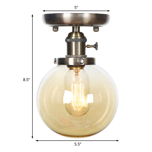 1 Light Globe/Round Semi Flush Light Industrial Bronze Clear/Amber Glass Lighting Fixture for Indoor Clearhalo 'Ceiling Lights' 'Close To Ceiling Lights' 'Close to ceiling' 'Glass shade' 'Glass' 'Semi-flushmount' Lighting' 209369