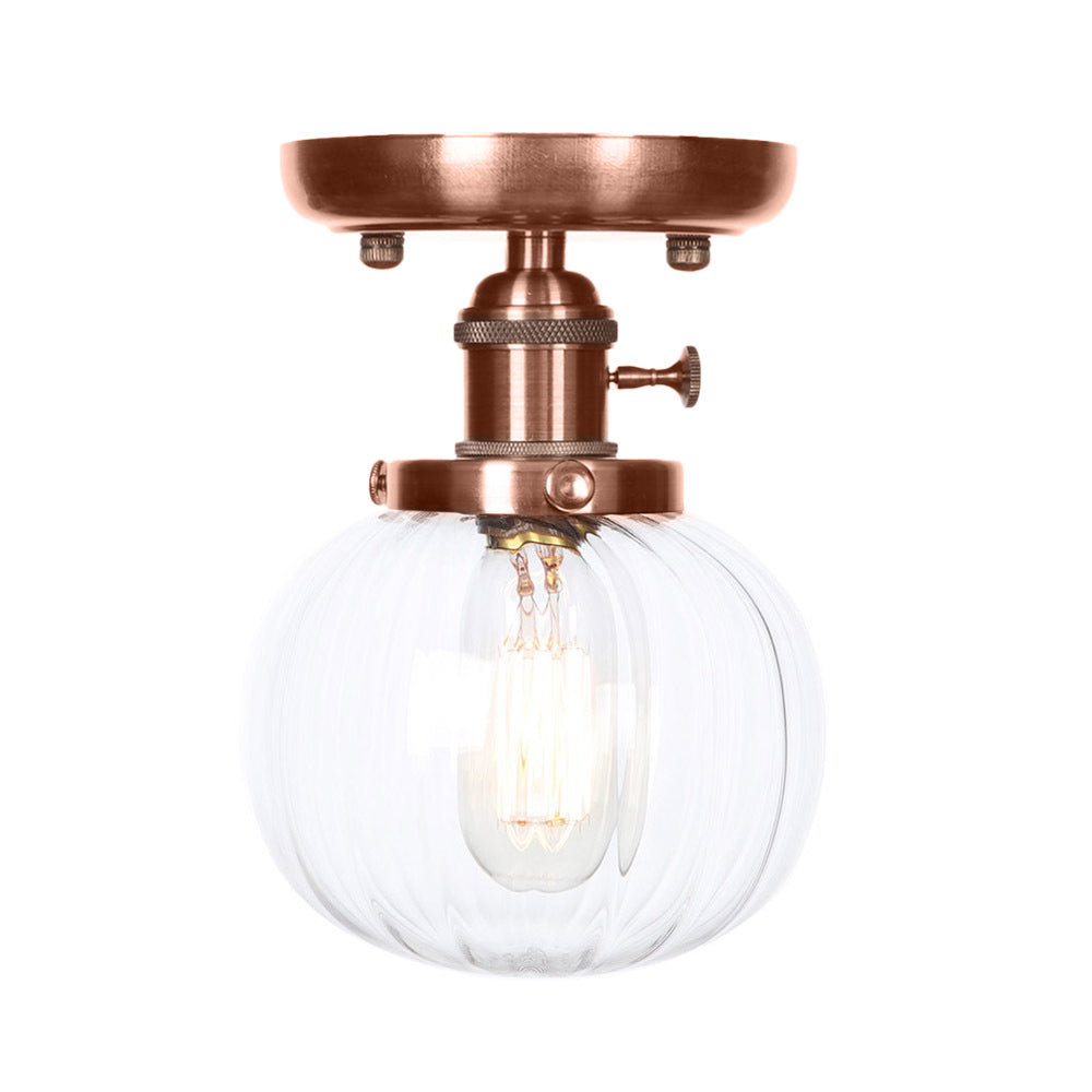 Globe/Round Clear/Amber Glass Semi Mount Lighting Industrial 1 Bulb Living Room Ceiling Light in Copper Clearhalo 'Ceiling Lights' 'Close To Ceiling Lights' 'Close to ceiling' 'Glass shade' 'Glass' 'Semi-flushmount' Lighting' 209467
