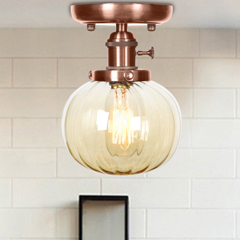 Globe/Round Clear/Amber Glass Semi Mount Lighting Industrial 1 Bulb Living Room Ceiling Light in Copper Amber Round Clearhalo 'Ceiling Lights' 'Close To Ceiling Lights' 'Close to ceiling' 'Glass shade' 'Glass' 'Semi-flushmount' Lighting' 209468