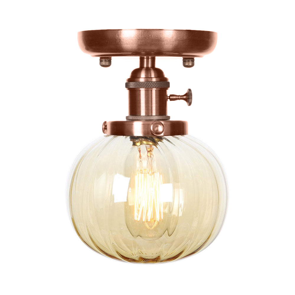 Globe/Round Clear/Amber Glass Semi Mount Lighting Industrial 1 Bulb Living Room Ceiling Light in Copper Clearhalo 'Ceiling Lights' 'Close To Ceiling Lights' 'Close to ceiling' 'Glass shade' 'Glass' 'Semi-flushmount' Lighting' 209469