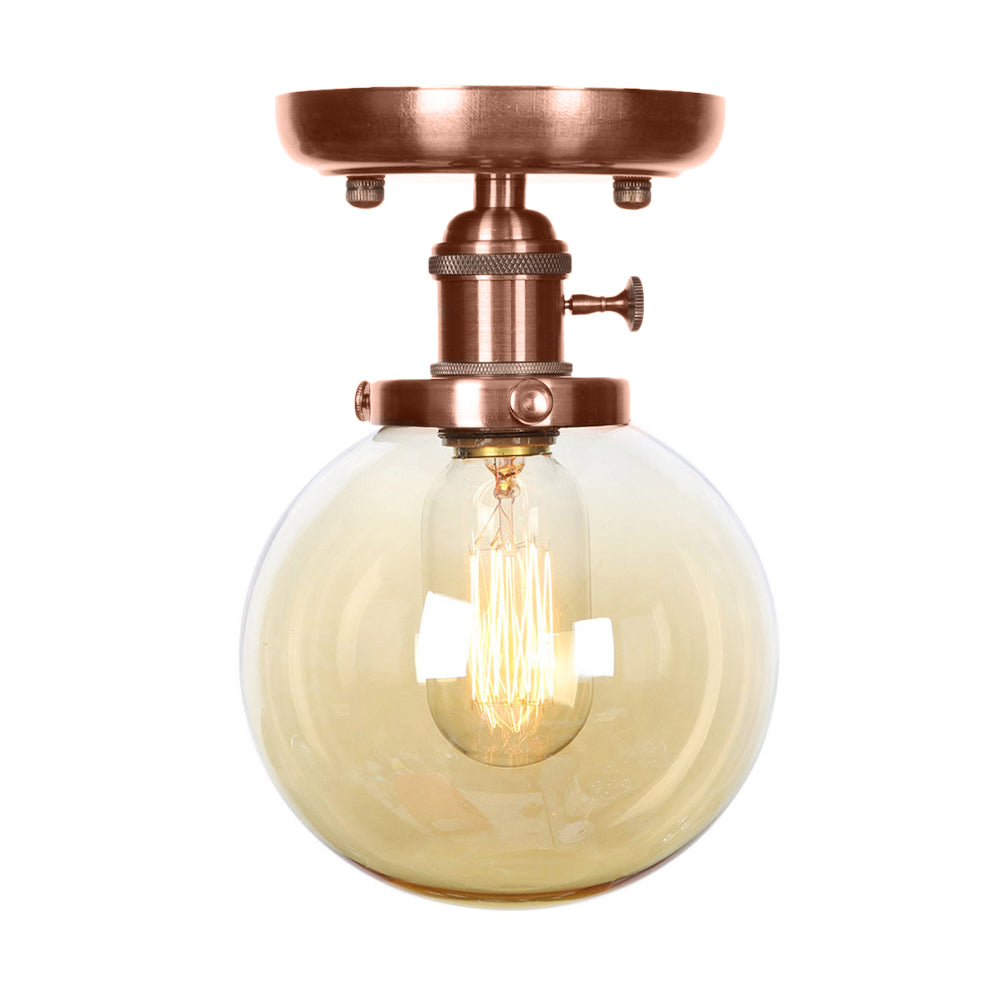 Globe/Round Clear/Amber Glass Semi Mount Lighting Industrial 1 Bulb Living Room Ceiling Light in Copper Clearhalo 'Ceiling Lights' 'Close To Ceiling Lights' 'Close to ceiling' 'Glass shade' 'Glass' 'Semi-flushmount' Lighting' 209473
