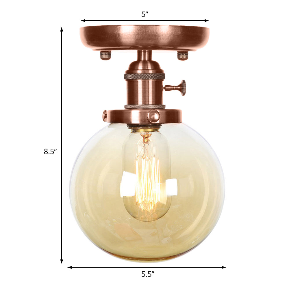 Globe/Round Clear/Amber Glass Semi Mount Lighting Industrial 1 Bulb Living Room Ceiling Light in Copper Clearhalo 'Ceiling Lights' 'Close To Ceiling Lights' 'Close to ceiling' 'Glass shade' 'Glass' 'Semi-flushmount' Lighting' 209474