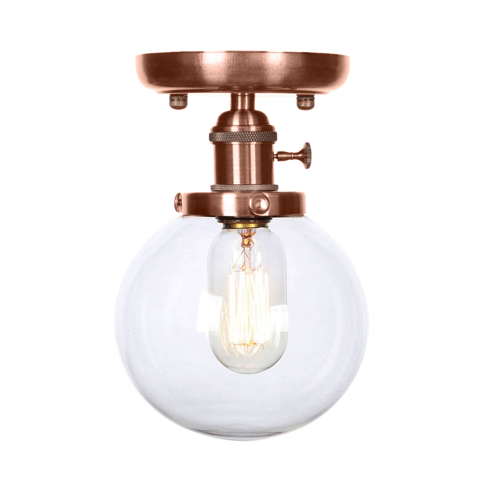 Globe/Round Clear/Amber Glass Semi Mount Lighting Industrial 1 Bulb Living Room Ceiling Light in Copper Clearhalo 'Ceiling Lights' 'Close To Ceiling Lights' 'Close to ceiling' 'Glass shade' 'Glass' 'Semi-flushmount' Lighting' 209476