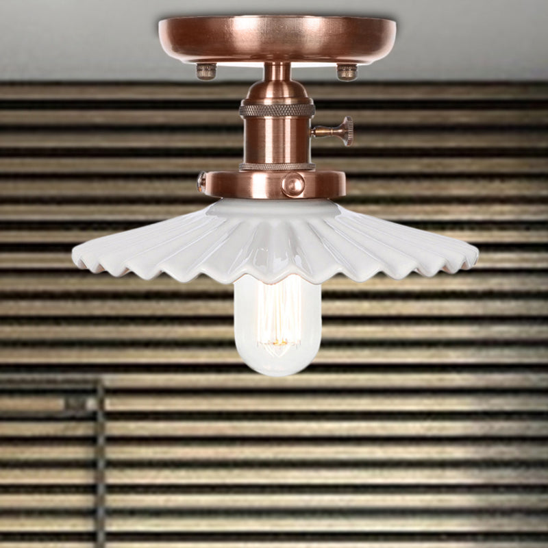 1 Light Opal/Clear Glass Semi Mount Lighting Industrial Antique Copper Cone/Saucer Indoor Ceiling Light Clearhalo 'Ceiling Lights' 'Close To Ceiling Lights' 'Close to ceiling' 'Glass shade' 'Glass' 'Semi-flushmount' Lighting' 209499