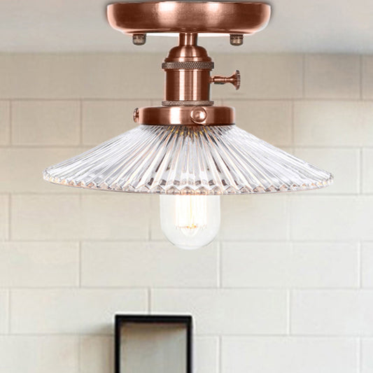 1 Light Opal/Clear Glass Semi Mount Lighting Industrial Antique Copper Cone/Saucer Indoor Ceiling Light Clear Saucer Clearhalo 'Ceiling Lights' 'Close To Ceiling Lights' 'Close to ceiling' 'Glass shade' 'Glass' 'Semi-flushmount' Lighting' 209508