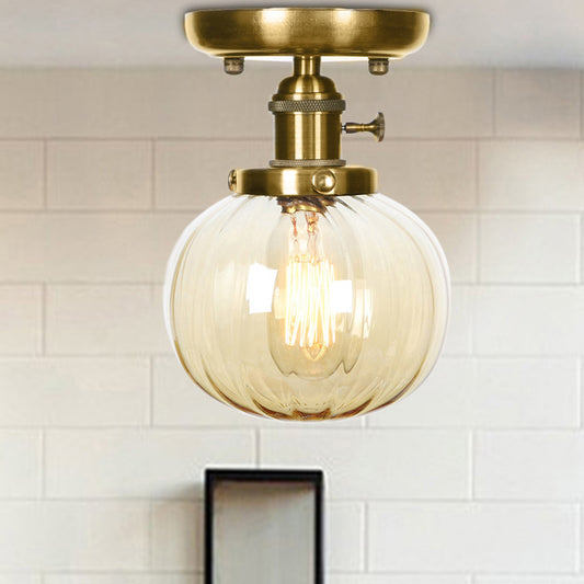 Bronze Globe/Round Semi Flush Light Industrial Clear/Amber Glass 1 Light Living Room Ceiling Lighting Fixture Clearhalo 'Ceiling Lights' 'Close To Ceiling Lights' 'Close to ceiling' 'Glass shade' 'Glass' 'Semi-flushmount' Lighting' 209520