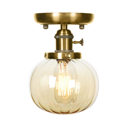 Bronze Globe/Round Semi Flush Light Industrial Clear/Amber Glass 1 Light Living Room Ceiling Lighting Fixture Clearhalo 'Ceiling Lights' 'Close To Ceiling Lights' 'Close to ceiling' 'Glass shade' 'Glass' 'Semi-flushmount' Lighting' 209521