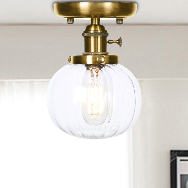 Bronze Globe/Round Semi Flush Light Industrial Clear/Amber Glass 1 Light Living Room Ceiling Lighting Fixture Clear Round Clearhalo 'Ceiling Lights' 'Close To Ceiling Lights' 'Close to ceiling' 'Glass shade' 'Glass' 'Semi-flushmount' Lighting' 209523