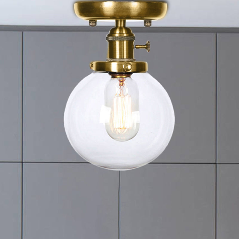 Bronze Globe/Round Semi Flush Light Industrial Clear/Amber Glass 1 Light Living Room Ceiling Lighting Fixture Clear Globe Clearhalo 'Ceiling Lights' 'Close To Ceiling Lights' 'Close to ceiling' 'Glass shade' 'Glass' 'Semi-flushmount' Lighting' 209528