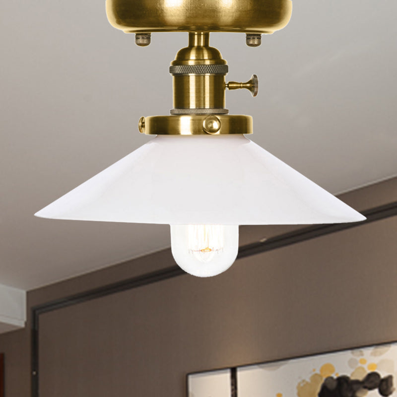 Bronze Cone/Saucer Semi Flush Mount Light Industrial White/Clear Glass 1 Light Living Room Ceiling Lighting Fixture White Cone Clearhalo 'Ceiling Lights' 'Close To Ceiling Lights' 'Close to ceiling' 'Glass shade' 'Glass' 'Pendant Lights' 'Semi-flushmount' Lighting' 209550