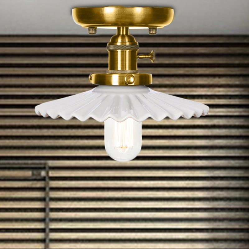 Bronze Cone/Saucer Semi Flush Mount Light Industrial White/Clear Glass 1 Light Living Room Ceiling Lighting Fixture White Saucer Clearhalo 'Ceiling Lights' 'Close To Ceiling Lights' 'Close to ceiling' 'Glass shade' 'Glass' 'Pendant Lights' 'Semi-flushmount' Lighting' 209554