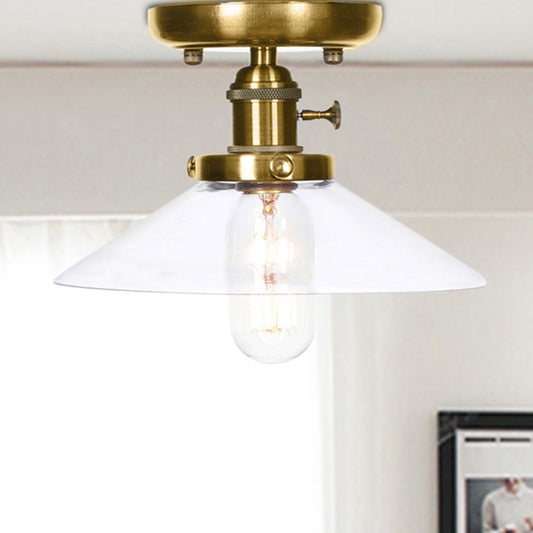Bronze Cone/Saucer Semi Flush Mount Light Industrial White/Clear Glass 1 Light Living Room Ceiling Lighting Fixture Clear Cone Clearhalo 'Ceiling Lights' 'Close To Ceiling Lights' 'Close to ceiling' 'Glass shade' 'Glass' 'Pendant Lights' 'Semi-flushmount' Lighting' 209557