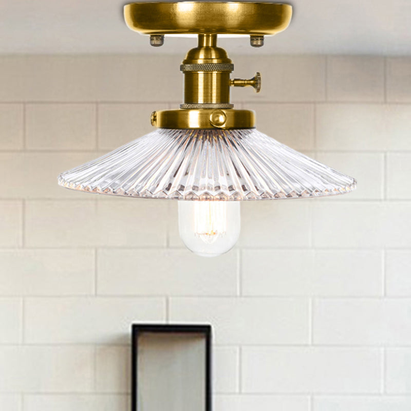 Bronze Cone/Saucer Semi Flush Mount Light Industrial White/Clear Glass 1 Light Living Room Ceiling Lighting Fixture Clear Saucer Clearhalo 'Ceiling Lights' 'Close To Ceiling Lights' 'Close to ceiling' 'Glass shade' 'Glass' 'Pendant Lights' 'Semi-flushmount' Lighting' 209560