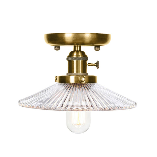 Bronze Cone/Saucer Semi Flush Mount Light Industrial White/Clear Glass 1 Light Living Room Ceiling Lighting Fixture Clearhalo 'Ceiling Lights' 'Close To Ceiling Lights' 'Close to ceiling' 'Glass shade' 'Glass' 'Pendant Lights' 'Semi-flushmount' Lighting' 209561