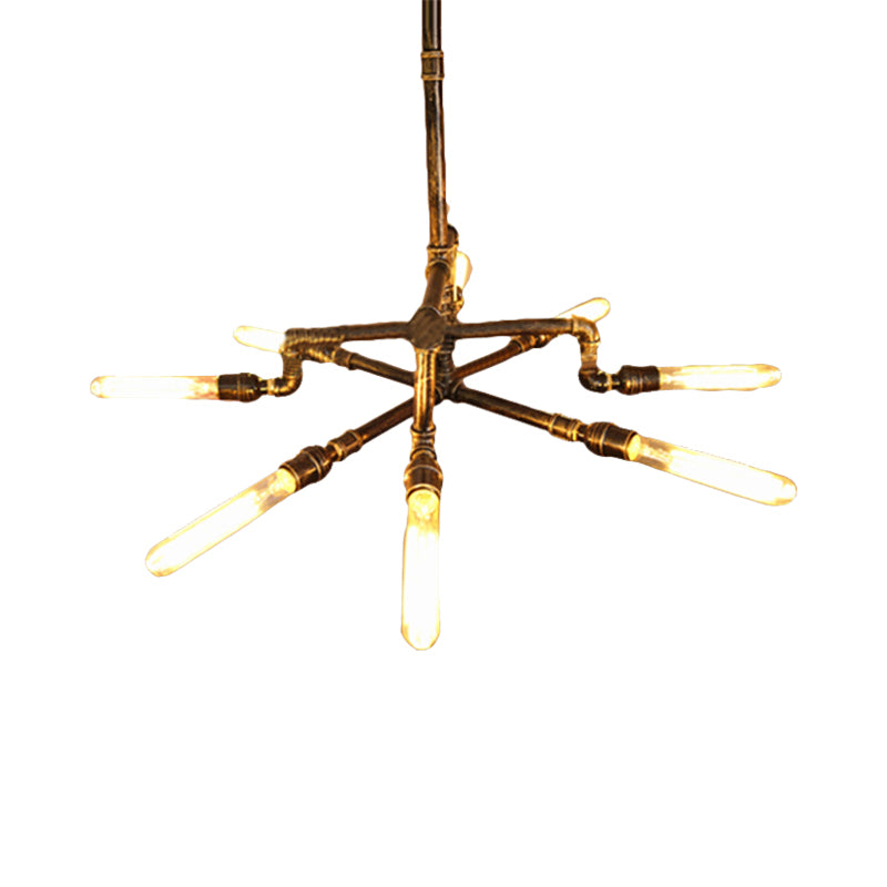 Bronze 8 Lights Chandelier Lamp Farmhouse Style Wrought Iron Pipe Ceiling Light with Rod for Indoor Clearhalo 'Cast Iron' 'Ceiling Lights' 'Chandeliers' 'Industrial Chandeliers' 'Industrial' 'Metal' 'Middle Century Chandeliers' 'Rustic Chandeliers' 'Tiffany' Lighting' 209575
